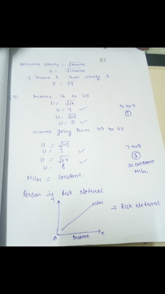 23 consumer Utility = u= if Income a 3 = income Vincome then ohuty 3 J9 u tos income 16 to 25 Uz Jio u= 4 U= 25 u= 5 v Income