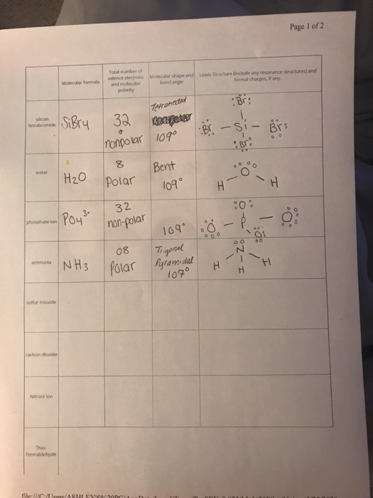 Page 1 of 2 Total number of valence electrons and molecular polarity Molecular shape and bondange Lewis Structure include any