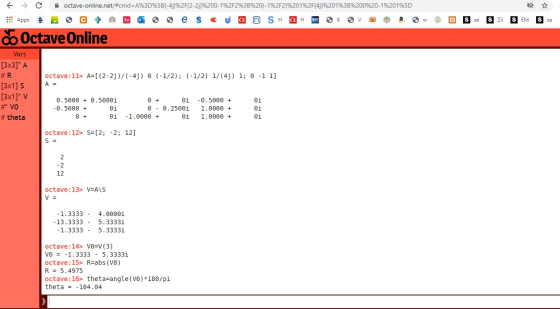 octave-online.net/#cmd=A%3D%5B(-4)%2F(2-2)%200-1%2F2%3B%20(-1%2F2)%201%2F(47)%201%3B%200%20-1%201%5D * Apps SV S se S Zil S E
