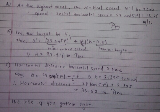 A) At the highest pont Speed will be zem )h 28.gllm s