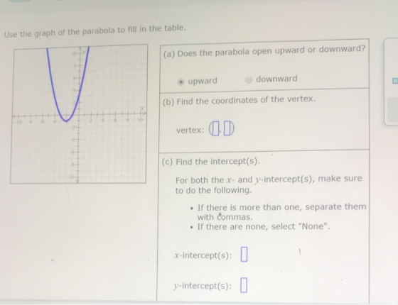 Use the graph of the parabola to fill in the table. (a) Does the parabola open upward or downward? • upward downward (b) Find
