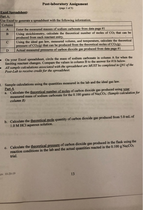 Post-laboratory Assignment (page 1 of 5) Excel Spreadsheet: Part A Use Excel to generate a spreadsheet with the following inf
