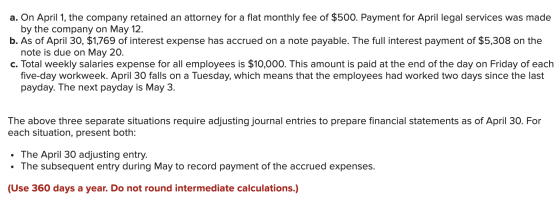 a. On April 1, the company retained an attorney for a flat monthly fee of $500. Payment for April legal services was made by