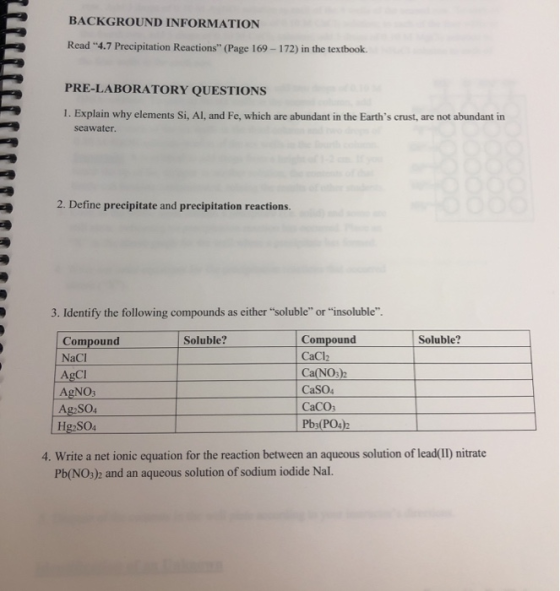 BACKGROUND INFORMATION Read 4.7 Precipitation Reactions (Page 169 - 172) in the textbook. PRE-LABORATORY QUESTIONS 1. Expla