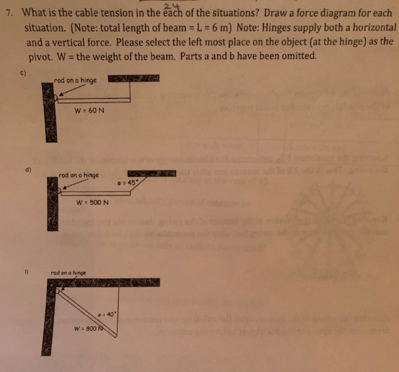 What is the cable tension in the éach of the situations? Draw a force diagram for each situation. (Note: total length of beam L 6 m) Note: Hinges supply both a horizontal and a vertical force. Please select the left most place on the object (at the hinge) as the pivot. W the weight of the beam. Parts a and b have been omitted. c) 7. rod on a hinge W 60 N d) rod on a hinge 0 45 W 500 N rod on a hinge 40 W: 800