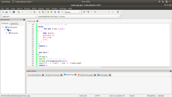 Activities Code::Blocks IDE- Tue 10:01 main.cpp [ar] - Code::Blocks 16.01 Search Project Build Debug Tools Plugins Settings H