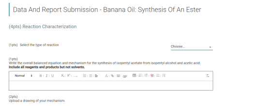 Data And Report Submission - Banana Oil: Synthesis Of An Ester (4pts) Reaction Characterization (1 pts) Select the type of re