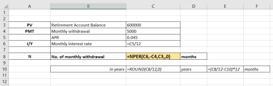 А. B D E F 2 PV PMT 4 Retirement Account Balance Monthly withdrawal APR Monthly interest rate 600000 5000 0.045 =C5/12 6 1/Y