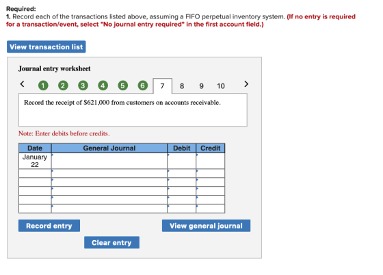 Required: 1. Record each of the transactions listed above, assuming a FIFO perpetual inventory system. (If no entry is requir