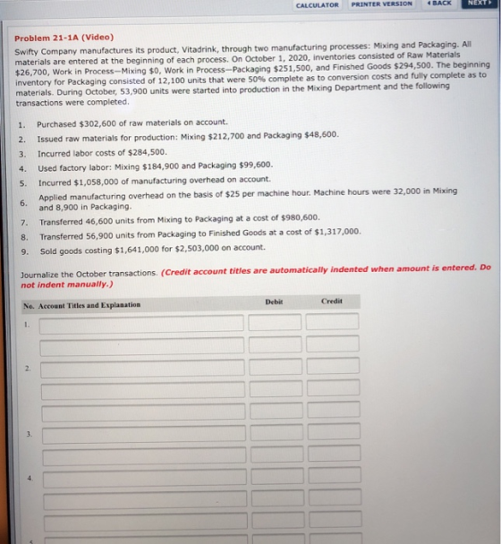CALCULATOR PRINTER VERSION BACK Next Problem 21-1A (Video) Swifty Company manufactures its product, Vitadrink, through two ma