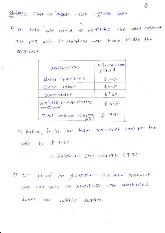 Solution : Given = Fron table sgiven data D) In this : 15 we need to determine the total relevant cost per unit of starters a