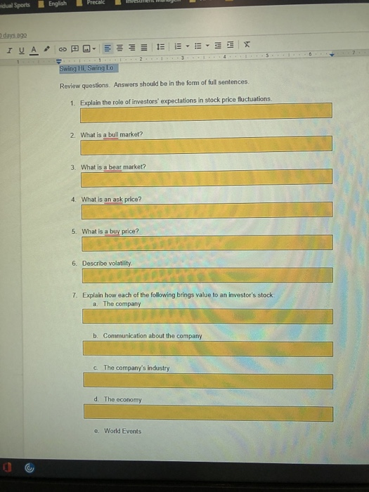 Precalc dual Sports English days ago I UA GD 3 - 13 EE- Swing Hi Swing Lo Review questions. Answers should be in the form of