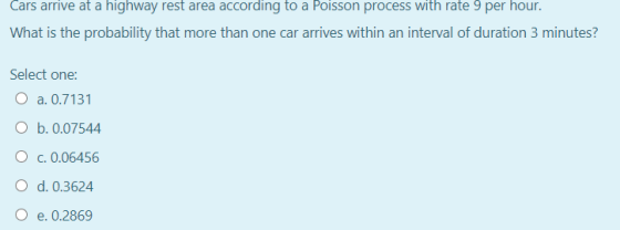 Cars arrive at a highway rest area according to a Poisson process with rate 9 per hour. What is the probability that more tha