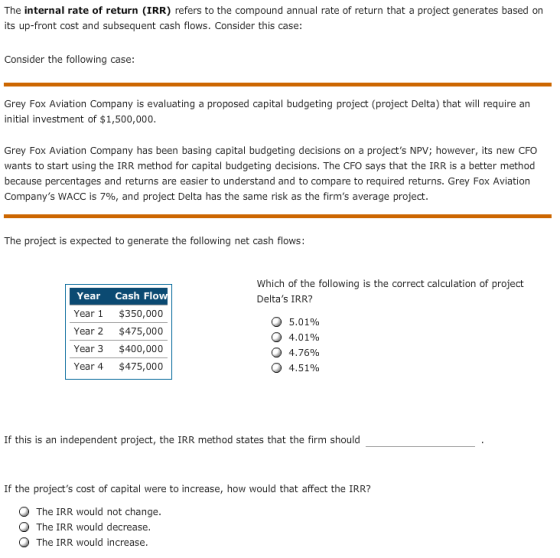 The internal rate of return (IRR) refers to the compound annual rate of return that a project generates based on its up-front