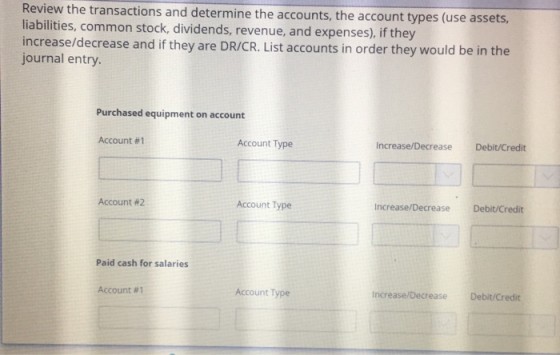 Review the transactions and determine the accounts, the account types (use assets, liabilities, common stock, dividends, reve