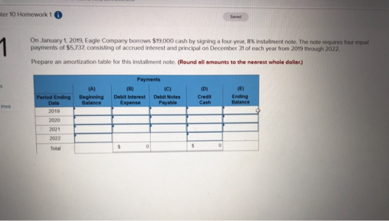 ter 10 Homework 1 0 Saved On January 1, 2019, Eagle Company borrows $19,000 cash by signing a four year, 8% Installment note.