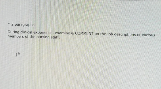 * 2 paragraphs During clinical experience, examine & COMMENT on the job descriptions of various members of the nursing staff.