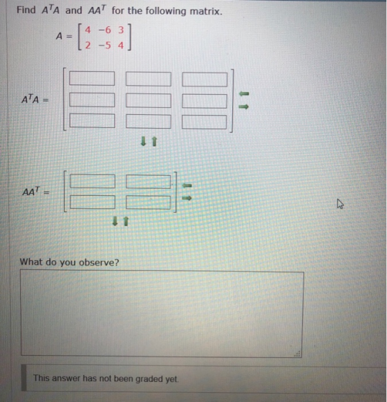Find ATA and AAT for the following matrix. 4-1-4-6 31 2 -5 4 AAT = What do you observe? This answer has not been graded yet.