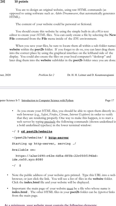 20] 10 points You are to design an original website, using raw HTML commands (as opposed to using software such as Adobe Drea