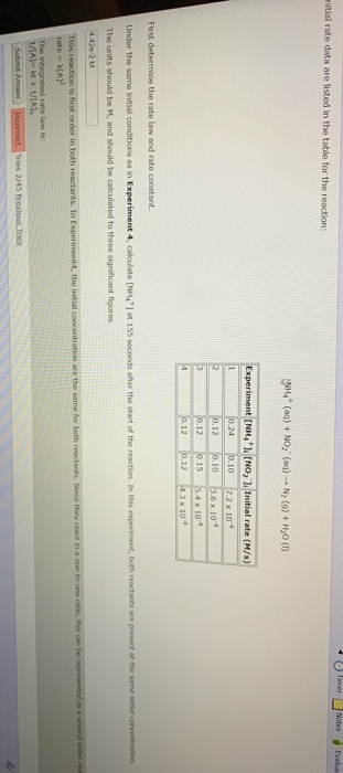 Timer Notes Eva mitial rate data are listed in the table for the reaction: (aq) + NO2 (aq) + N) () + H2O (1) Experiment (NH4)