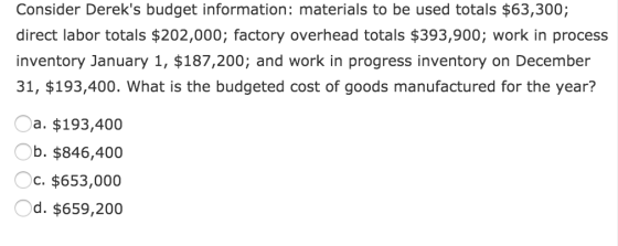 Consider Dereks budget information: materials to be used totals $63,300; direct labor totals $202,000; factory overhead tota