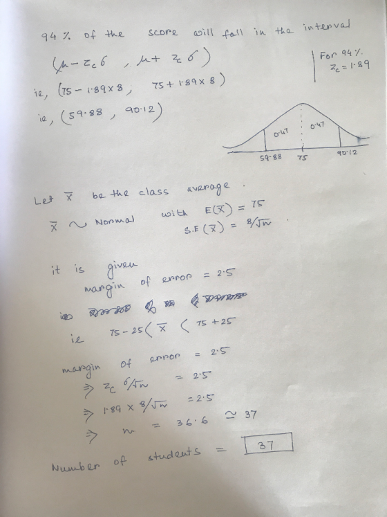 94X of the score as ill fall in the inter va For 94% そ=1-89 o LT 47 S4 88 TS D(2 Le ba the class avaroe it is 0 f anrop 2.S wargin o margin of error = 2.5- 36.6 37 ク