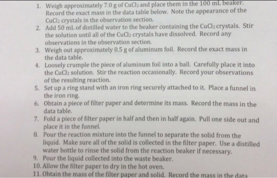 1. Weigh approximately 7.0 g of CuCl2 and place them in the 100 ml beaker. Record the exact mass in the data table below. Not
