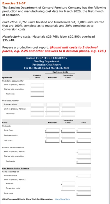 Exercise 21-07 The Sanding Department of Concord Furniture Company has the following production and manufacturing cost data f