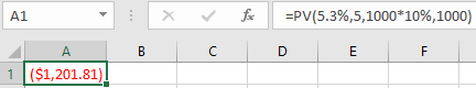 A1 X foc C =PV(5.3%,5,1000*10%, 1000) D E F | B A 1 ($1,201.81).