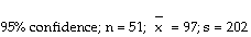 95% confidence; n = 51; X = 97; s = 202