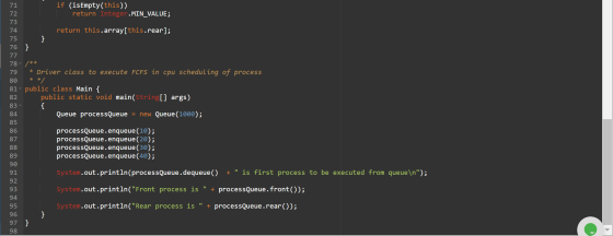 } * */ 71 if (isEmpty(this)) 72 return Integer.MIN_VALUE; 73 74 return this.array[this.rear]; 75 76 } 77 78. /** 79 * Driver