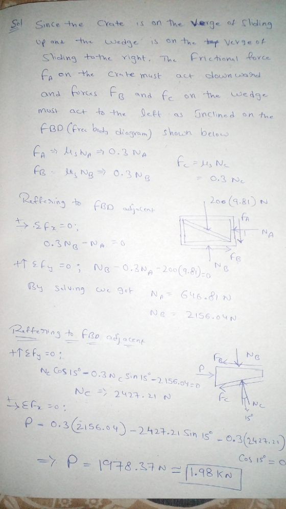 Sel Since tne CYate s on the Verge of Sliding Sliding to-he right. The Friconal orce on the CYte must acr clouin unndl ona fures fe and e on g mmust ac to the eet as nclined on te the edg YCC dagyamS houon belo o.3 N efleingt 200 (8 I A P < 0.3(21 5604) _ 2.423.21 Sin ISe-0.3(242h