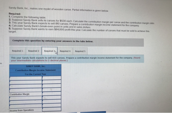 Sandy Bank, Inc., makes one model of wooden canoe. Partial information is given below. Required: 1. Complete the following ta