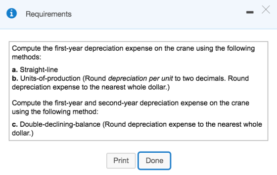 Requirements Compute the first-year depreciation expense on the crane using the following methods: a. Straight-line b. Units-