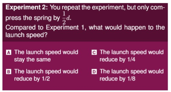Experiment 2: You repeat the experiment, but only com- press the spring by-d. Compared to Experiment 1, what would happen to