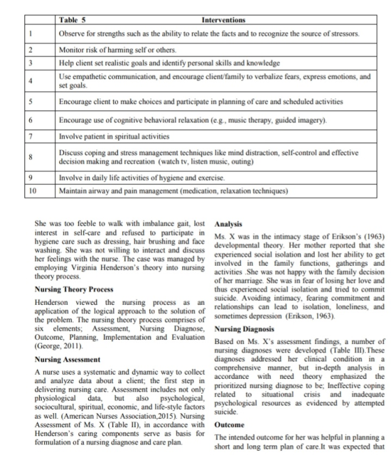 Table 5 Interventions Observe for strengths such as the ability to relate the facts and to recognize the source of stressors.
