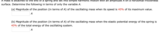 A mass is attached to the end of a spring and set into simple harmonic motion with an amplitude A on a horizontal frictionles