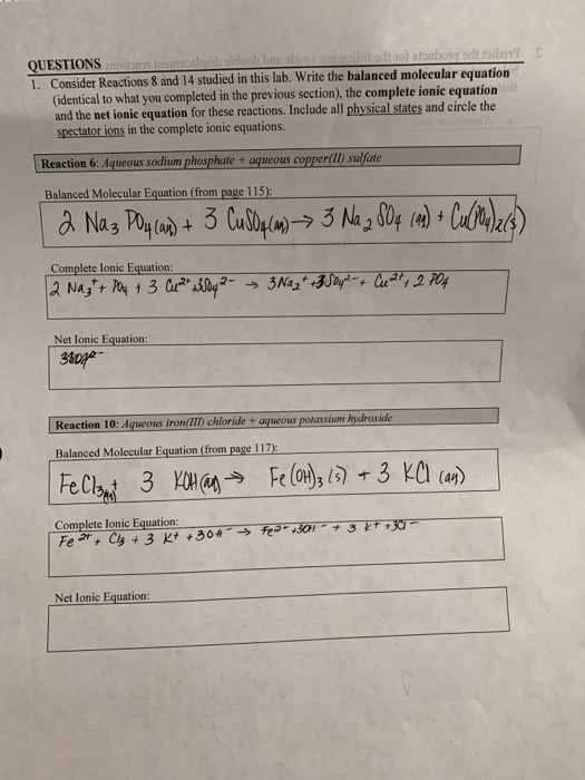 QUESTIONS napib aldoob blon d i obubongo bora 1. Consider Reactions 8 and 14 studied in this lab. Write the balanced molecula