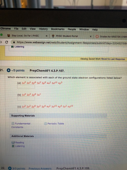 Chrome File Edit View History Bookmarks People Window Help → Stay Local, Go Far PHSC X P PHSC Student Portal X Grades for KRI