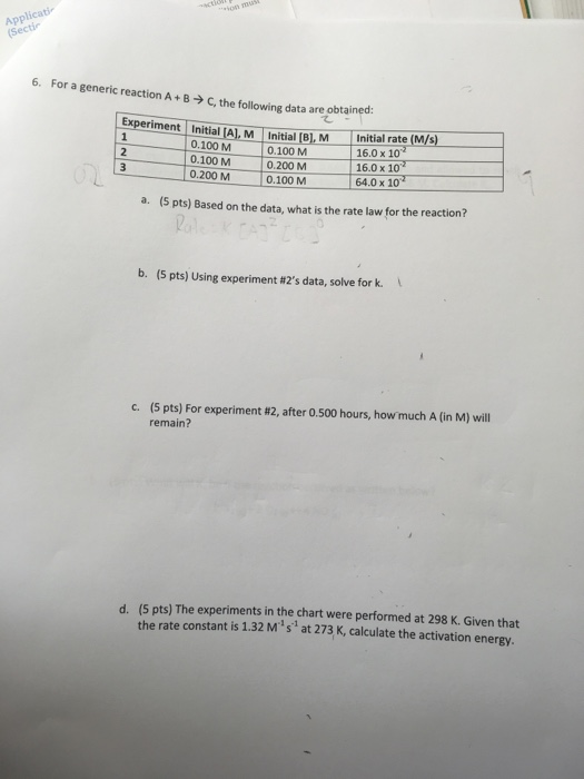 Applicati 6. For a generic reaction A + B C, the following data are obtained Experiment Initial /AL. M Initial (e). M Initial