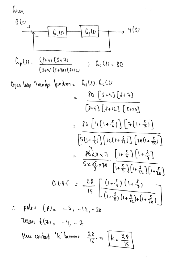Given, R(si tamtalet (5) hp(S): (S+4) (5+2) ; hc (5) 80 (5+5) (s+20)(5+121 Open loop Transfer function hp (s). Ge(s) 80 (5+4]