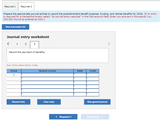 Required 1 Required 2 Prepare the appropriate journal entries to record the postretirement benefit expense, funding, and reti