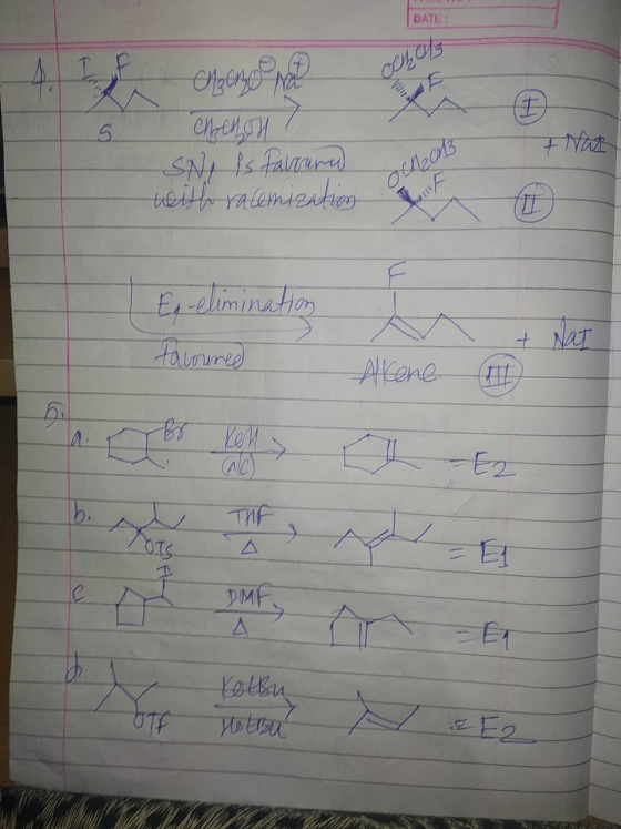 DATE: that Chenol SNg is favoura with racemization och2013 e En elimination Favoured + Nat Alkene a rotbu. Hetru & E2 OF
