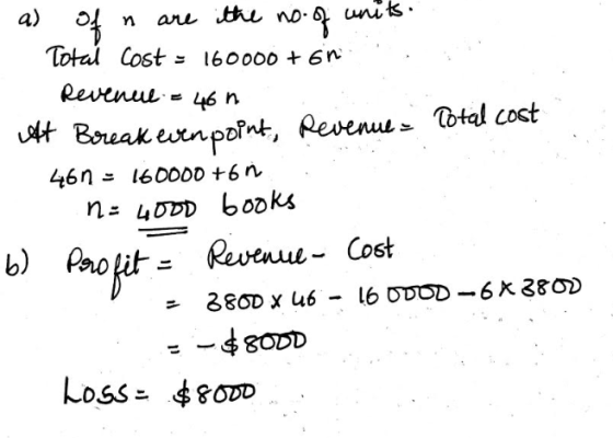 as of n are the no- of units. Total Cost = 160000 +6n Revenue = 46 Oft Break even point, Revenue - Total cost 461 - 160000 +6