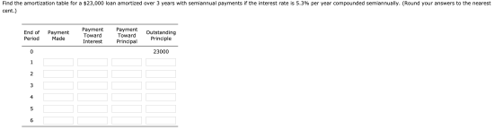 Find the amortization table for a $23,000 loan amortized over 3 years with semiannual payments if the interest rate is 5.3% p