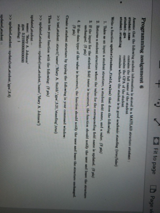 O Fit to page ID Page vi Programming assignment 6 Assume that the following student information is stored in a MATLAB structu