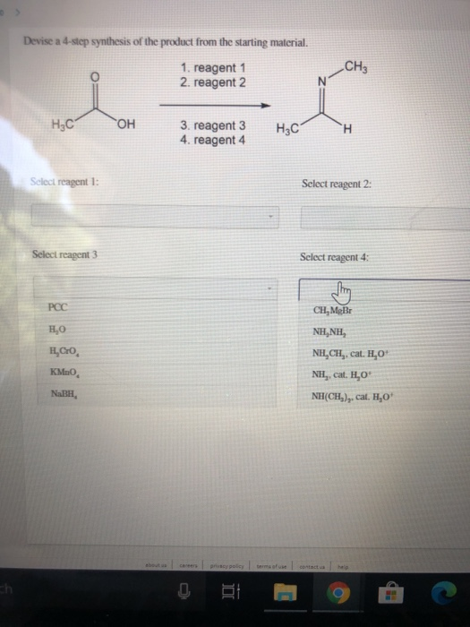 Devise a 4-step synthesis of the product from the starting material. 1. reagent 1 2. reagent 2 COH 3. reagent 3 4. reagent 4