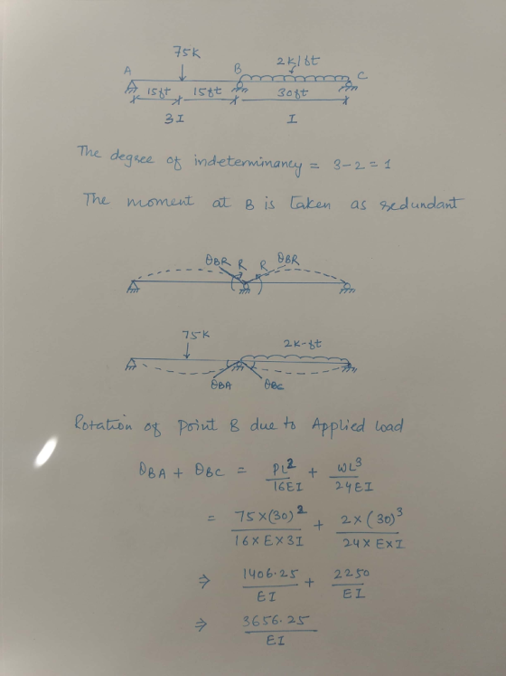 7sk C. The degsee os inde The moment at B is taken as sedlundart BR Cotaton o Poit & due ts Applied load 75x(30) 오 + 2x(30) ニ 406.2522 So E L E T 3656.25 ET