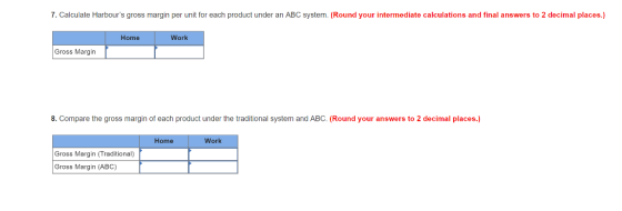 7. Calculate Harbours gross margin per unit for each product under an ABC system. (Round your intermediate calculations and final answers to 2 decimal places.) Home Work Gross Margin 8. Compare the gross margin of each product under the traditional system and ABC. (Round your answers to 2 decimal places.) Home Work Gross Margin (Traditional) Gross Margin (ABC)