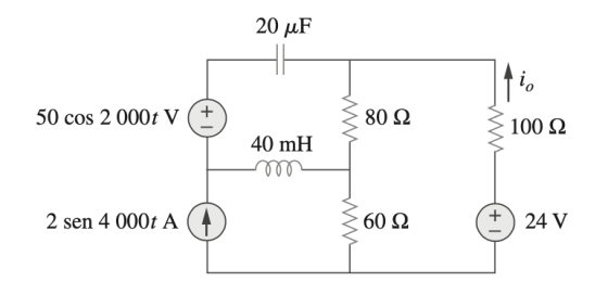 20 μF 50 cos 2 000t V +) $ 80 Ω $ 100 Ω 40 mH δο 2 sen 4 000t A ξ 60 Ω (+) 24V
